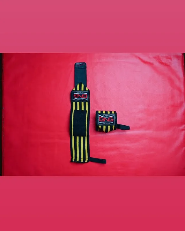 A pair of black-and-yellow wrist supports